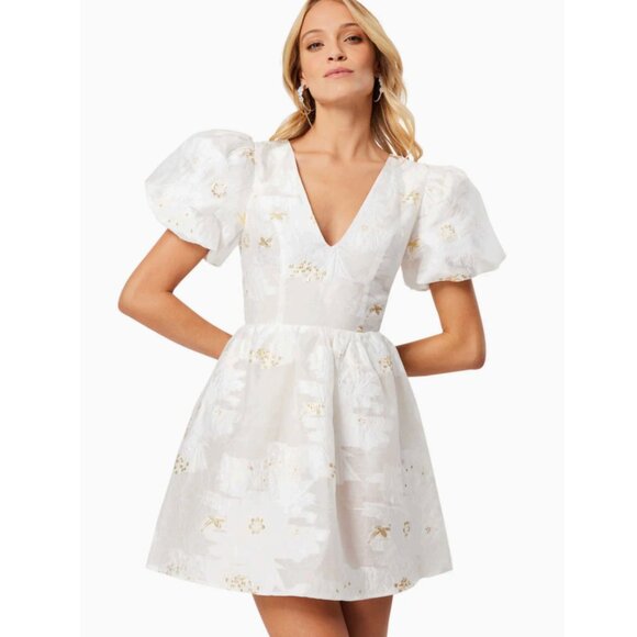 Elliatt Octavia Puff Sleeves Bow Bridal Holiday Mini Dress Gold/Ivory  Sz XL NWT - Picture 6 of 15